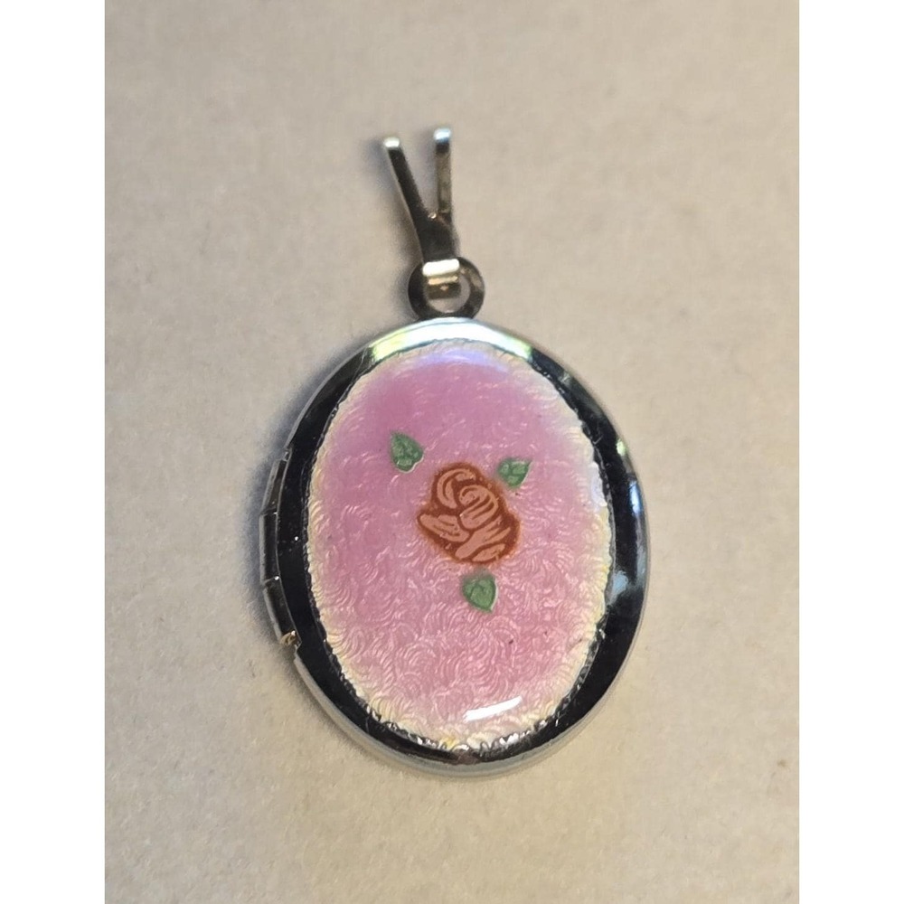 Vintage Pink Guilloche Enamel Rose Locket Pendant Silver Tone Oval Floral